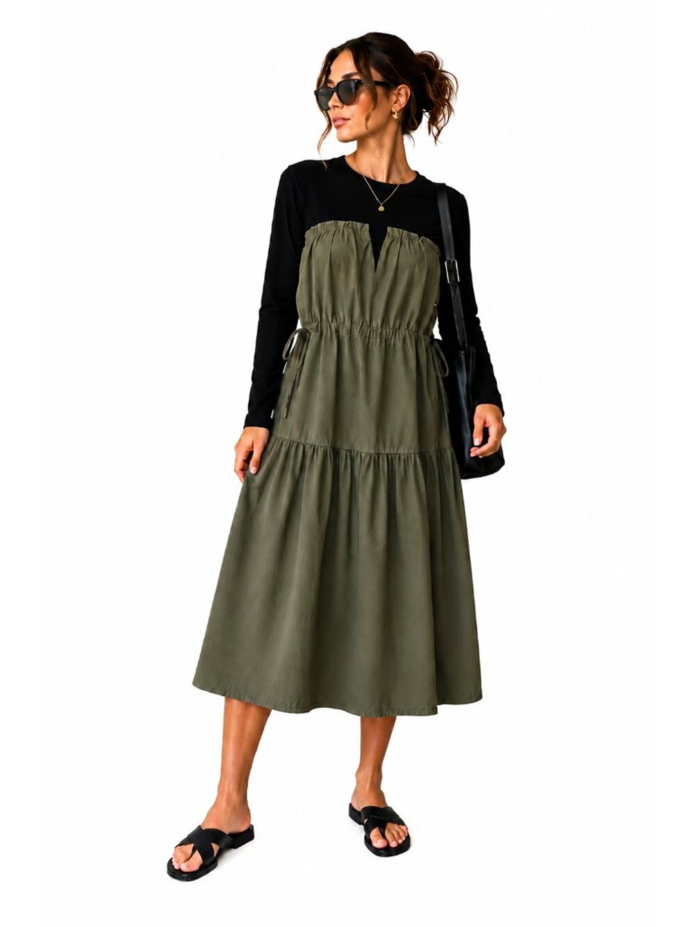 Gracia Black/Olive Midi Dress, Size M, NWT
